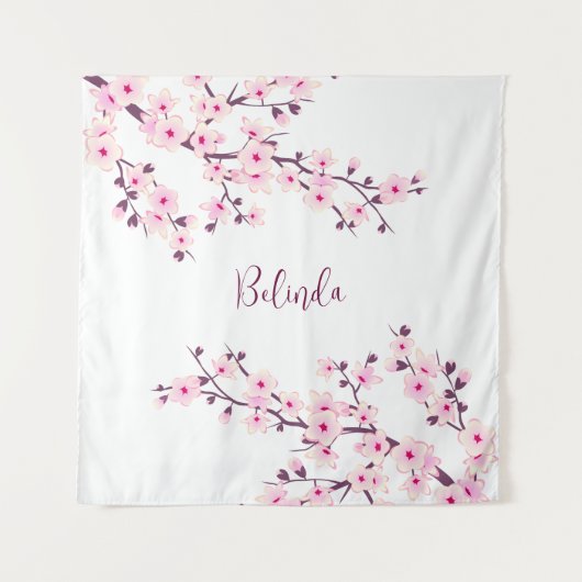 Roze witte kers bloesem monogram wandkleed (Voorkant)