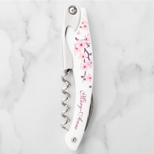 Roze witte kers bloesems monogram ovenkurken kurkentrekker (Voorkant)