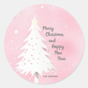 Roze Witte Kerst  Waterverf Ronde Sticker