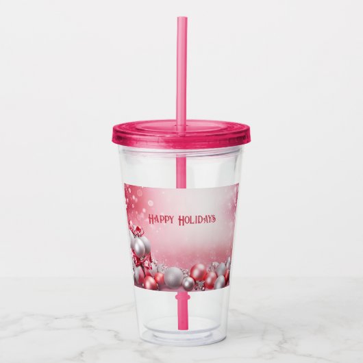 Roze Witte Kerstballen Vakantie Acryl Tumbler Drinkbeker (Voorkant)