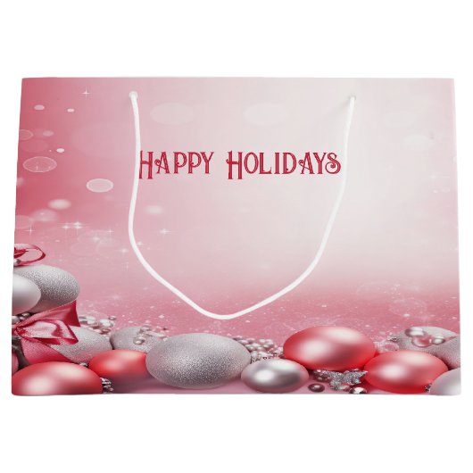 Roze Witte Kerstballen Vakantie Gift Bag Groot Cadeauzakje (Voorkant)