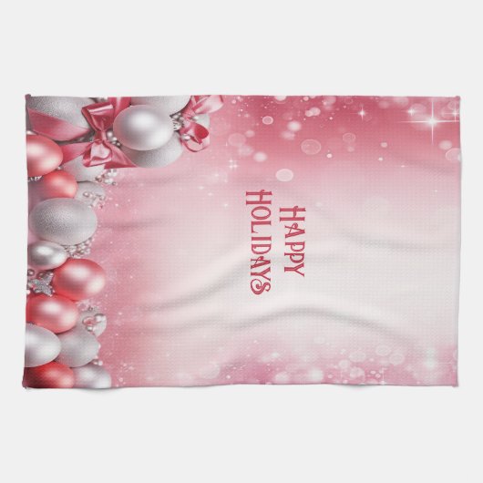 Roze Witte Kerstballen Vakantie Keuken Handdoek (Horizontaal)