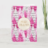 Roze Witte Kerstbomen Gouden Glitter Kaart (Voorkant)