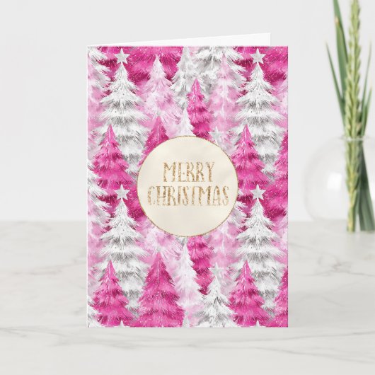 Roze Witte Kerstbomen Gouden Glitter Kaart (Voorkant)