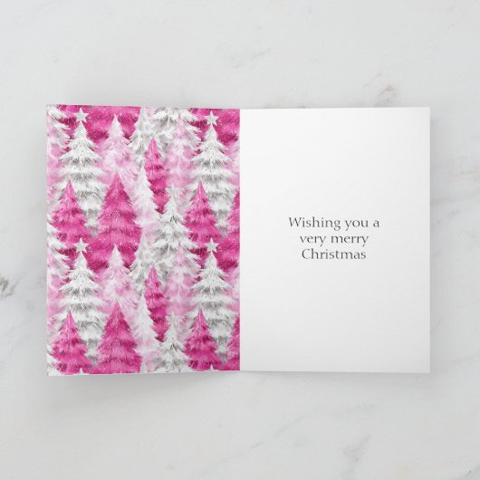 Roze Witte Kerstbomen Gouden Glitter Kaart (Binnen)