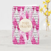 Roze Witte Kerstbomen Gouden Glitter Kaart (Gele Bloem)
