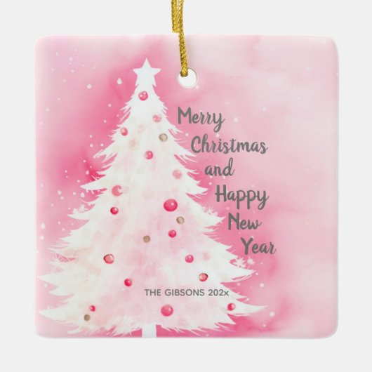 Roze Witte Kerstboom Keramisch Ornament (Voorkant)