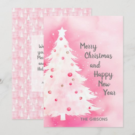Roze Witte Kerstboom Waterverf Kaart (Voorkant / Achterkant)