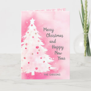 Roze Witte Kerstboom Waterverf Kaart