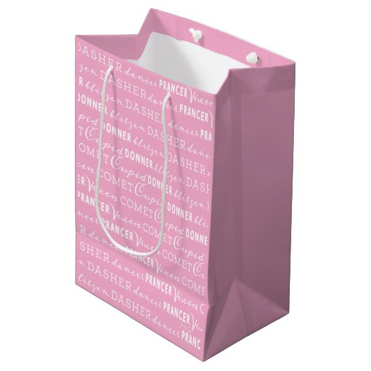 Roze & Witte Kerstcadeautas | Rendieren van de Ker Medium Cadeauzakje (Voorkant Gekanteld)
