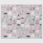 Roze witte kersthuizen op grijs inpakpapier (Vlak)