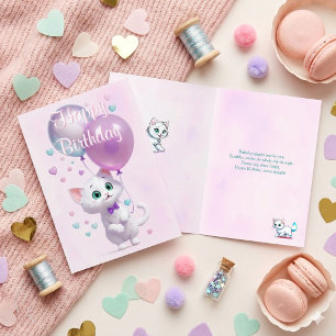 Roze Witte Kitten met Ballonnen Verjaardag Kaart