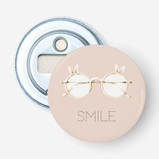 Roze Witte Konijnenoren Bril Glimlach Button Flesopener (Voorkant)