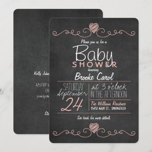 Roze & Witte Krijt Harten; Krijtbord Baby shower Kaart (Voorkant / Achterkant)