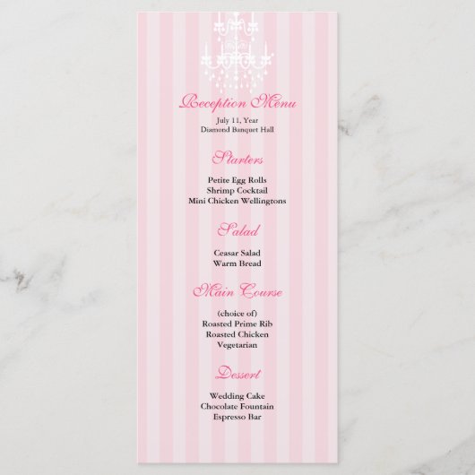 Roze & Witte Kroonluchter Gestreepte Receptie Menu (Voorkant)