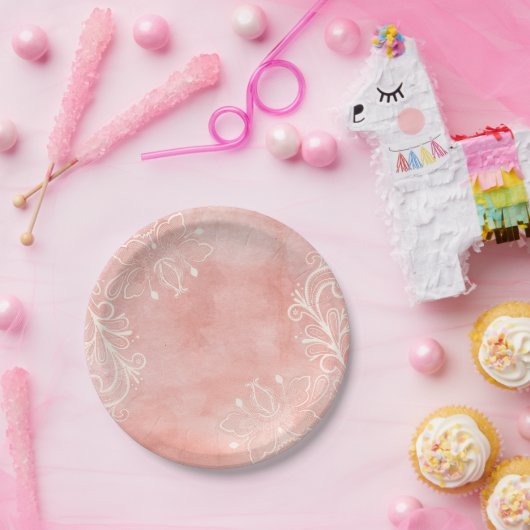  Roze & Witte Lace Bloemen Shabby Chic Papieren Bordje (Feest)