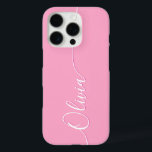 Roze witte legant naam voor kalligrafie iPhone 16 pro hoesje<br><div class="desc">Roze Elegant Wit Kalligrafie Script Custom Personalized Name iPhone 16 Pro Smart Phone Cases is voorzien van een modern en trendy eenvoudig en stijlvol ontwerp met uw persoonlijke naam in elegante handgeschreven kalligrafie script typografie op een roze achtergrond. Ontworpen door ©Evco Studio www.zazzle.com/store/evcostudio</div>