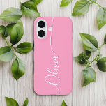 Roze witte legant naam voor kalligrafie iPhone 16 hoesje<br><div class="desc">Pink Elegant White Calligraphy Script Custom Personalized Name iPhone 16 Smart Phone Cases is voorzien van een modern en trendy eenvoudig en stijlvol ontwerp met uw persoonlijke naam in elegante handgeschreven kalligrafie script typografie op een roze achtergrond. Ontworpen door ©Evco Studio www.zazzle.com/store/evcostudio</div>