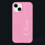 Roze witte legant naam voor kalligrafie Case-Mate iPhone 14 hoesje<br><div class="desc">Roze Elegant White Calligraphy Script Custom Personalized Name iPhone 14 Smart Phone Case kenmerkt een modern en trendy eenvoudig en stijlvol ontwerp met uw gepersonaliseerde naam in elegante handgeschreven kalligrafiekscript typografie op een roze achtergrond. Ontworpen door ©Evco Studio www.zazzle.com/store/evcostudio</div>