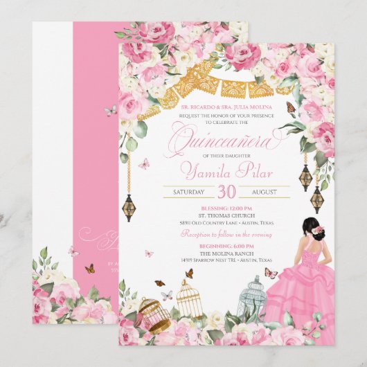 Roze witte legant vlindervlinder Quinceanera 1 Kaart (Voorkant / Achterkant)