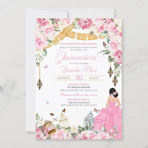 Roze witte legant vlindervlinder Quinceanera 1 Kaart