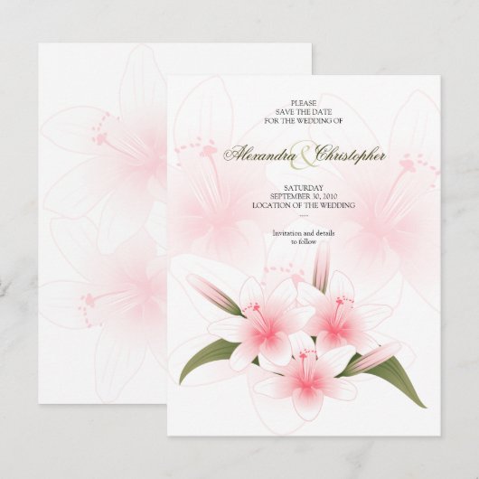 Roze & Witte Lelies Trouwen Save The Date 2 Aankondigingskaart (Voorkant / Achterkant)