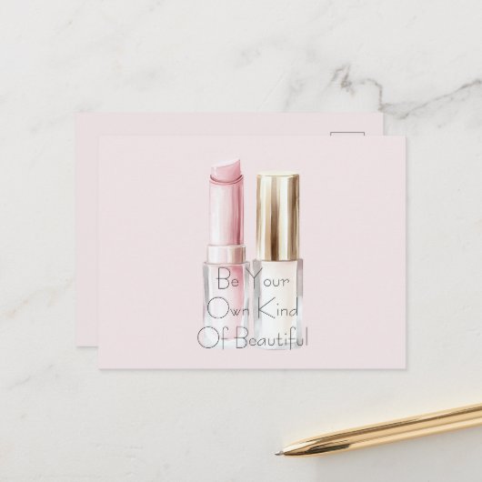 Roze Witte Lippenstift Ivoor Nagellak Briefkaart (Voorkant / Achterkant in situ)