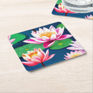 Roze Witte Lotus Waterlelie Bloemen & Groene Blade Kartonnen Onderzetters