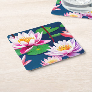Roze Witte Lotus Waterlelie Bloemen & Groene Blade Kartonnen Onderzetters