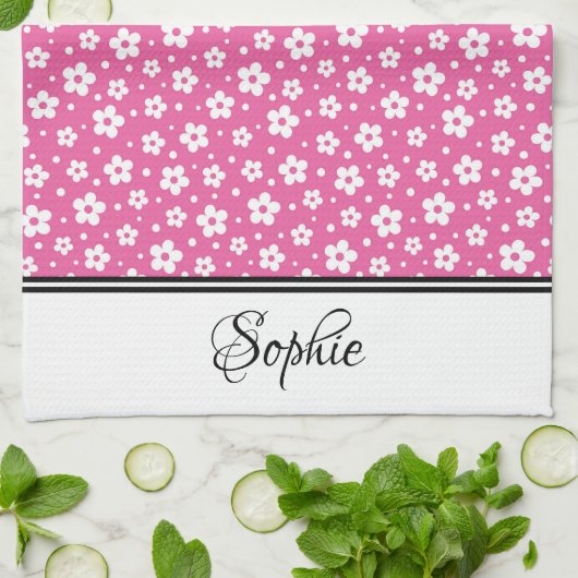 Roze & witte madeliefjes gepersonaliseerd theedoek (Gevouwen)