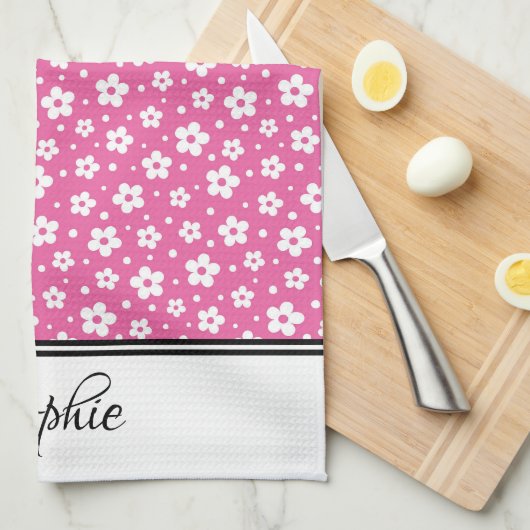 Roze & witte madeliefjes gepersonaliseerd theedoek (Quarter Fold)