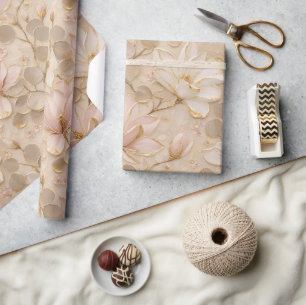 Roze & Witte Magnolia Bloemrijke Gouden Elegante Cadeaupapier