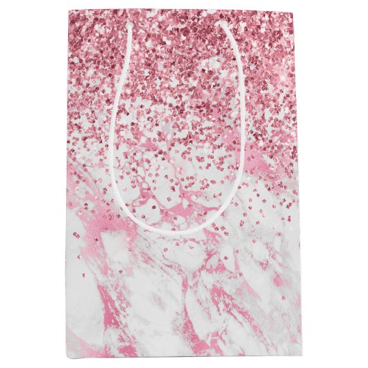 Roze witte marmer Glitter Medium Cadeauzakje (Voorkant)