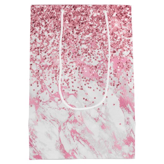 Roze witte marmer Glitter Medium Cadeauzakje (Achterkant)