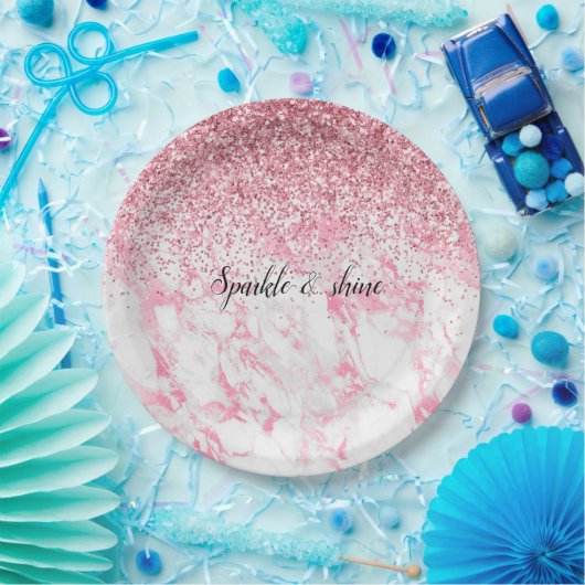 Roze witte marmer Glitter Papieren Bordje (Feest)