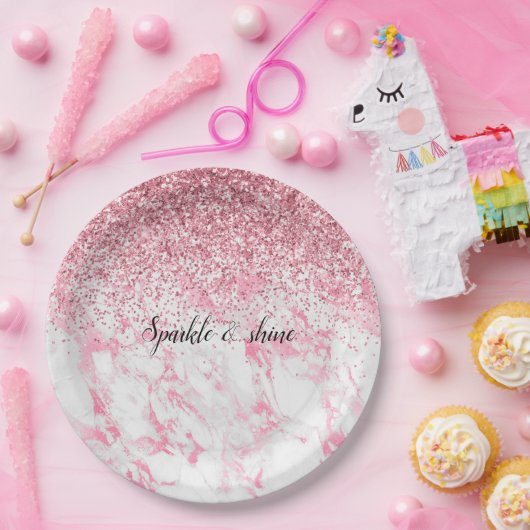 Roze witte marmer Glitter Papieren Bordje (Feest)