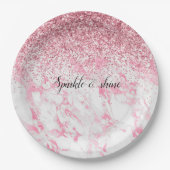 Roze witte marmer Glitter Papieren Bordje (Voorkant)