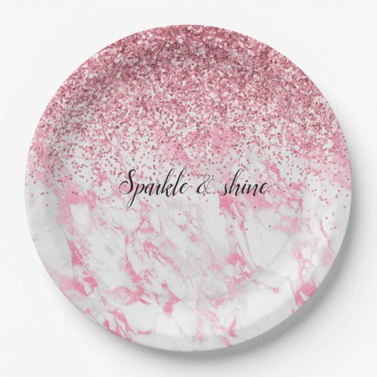 Roze witte marmer Glitter Papieren Bordje (Voorkant)