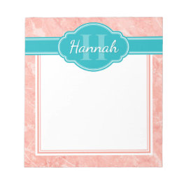 Roze Witte Marmer Patroon Teal Monogram Notitieblok