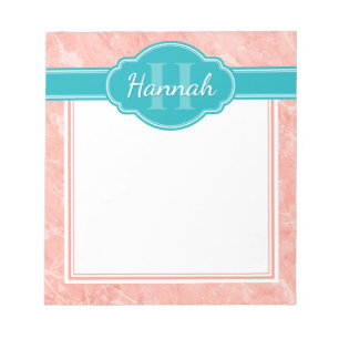 Roze Witte Marmer Patroon Teal Monogram Notitieblok