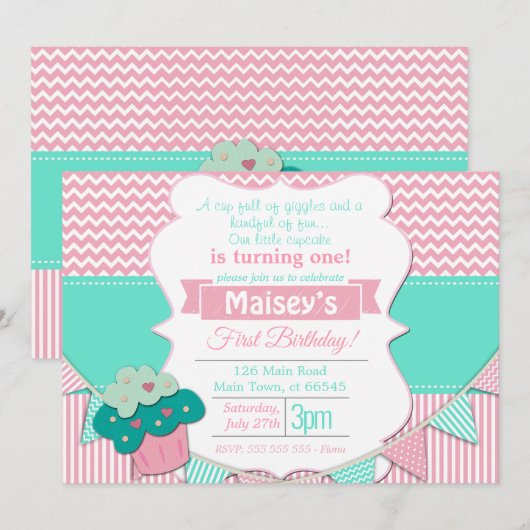 Roze & Witte Meisjes Cupcake Blackboard 1e verjaar Kaart (Voorkant / Achterkant)