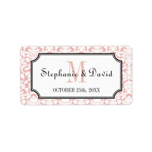 Roze witte monogram damask lijst bruiloft label