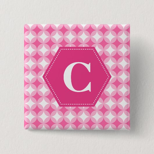 Roze witte monogram patroon vierkante button 5,1 cm (Voorkant)