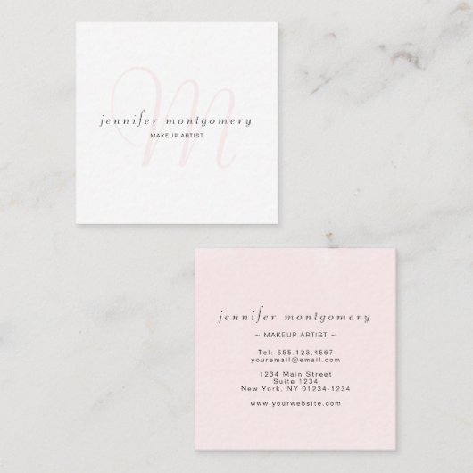 Roze witte monogram Waterverf Vierkante Visitekaartje (Voorkant / Achterkant)