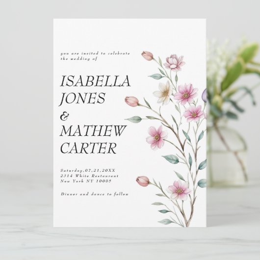 Roze witte munt lila lentebloem bruiloft kaart (Staand voorkant)