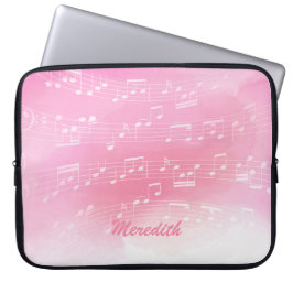 Roze-witte Muzieknoten en aangepaste monogram Laptop Sleeve