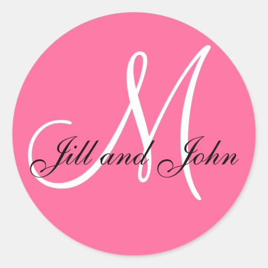 Roze Witte Namen Monogram M Bruiloft Sticker (Voorkant)