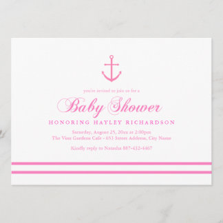 Roze & Witte Nautische Baby Shower Uitnodiging