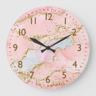 Roze & Witte & Nep Gouden Glitter Agaten Monogram Grote Klok