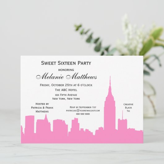 Roze witte NYC Skyline Silhouette Sweet Sixteen Kaart (Staand voorkant)